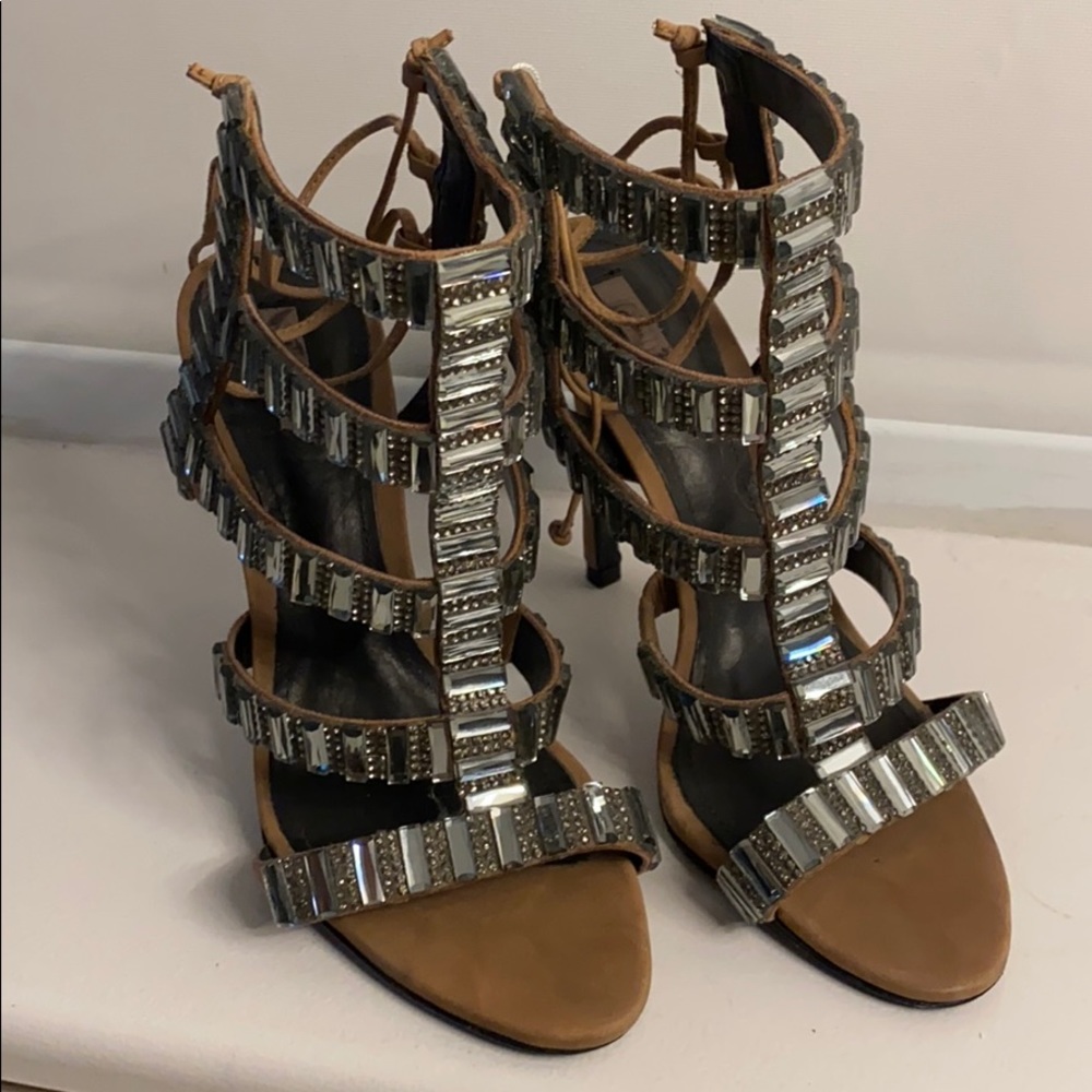 SchutzCrystal tan peep toe size 7